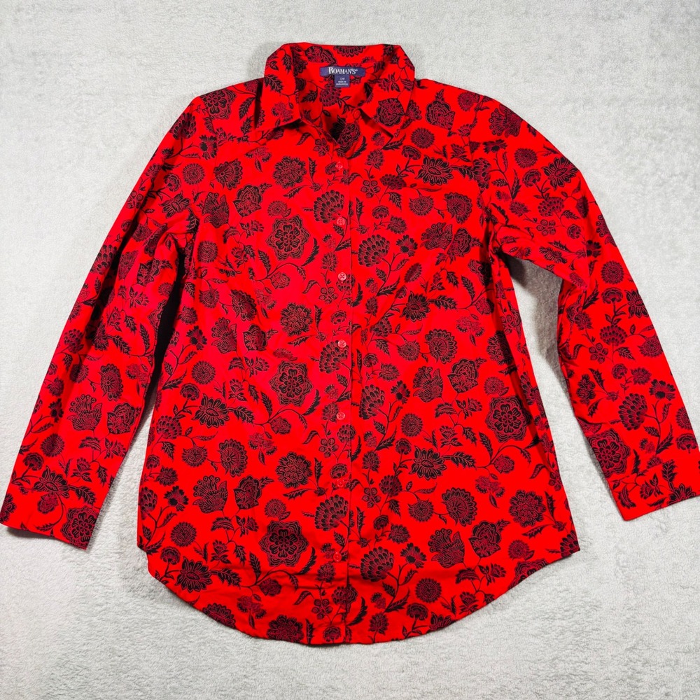 Roaman's Button Up Shirt Women 12W Red Black Floral Long Sleeve Cotton Blend